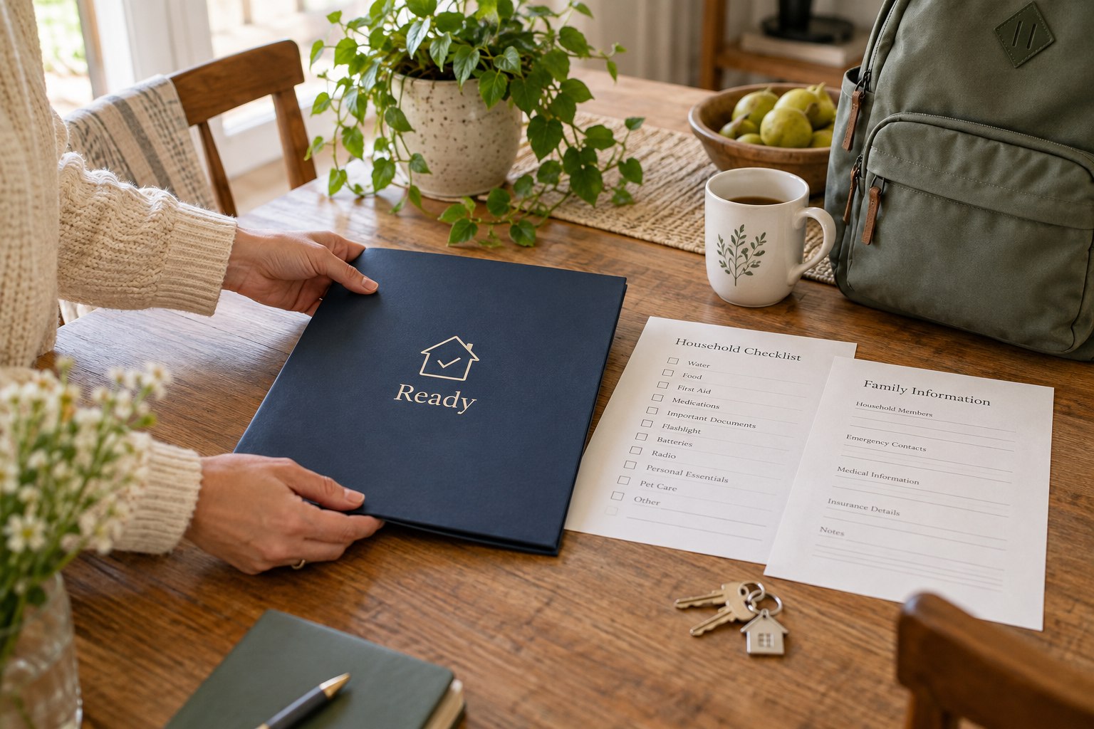 Illustrative Ready folder and household checklists on a warm kitchen table beside a sage bag